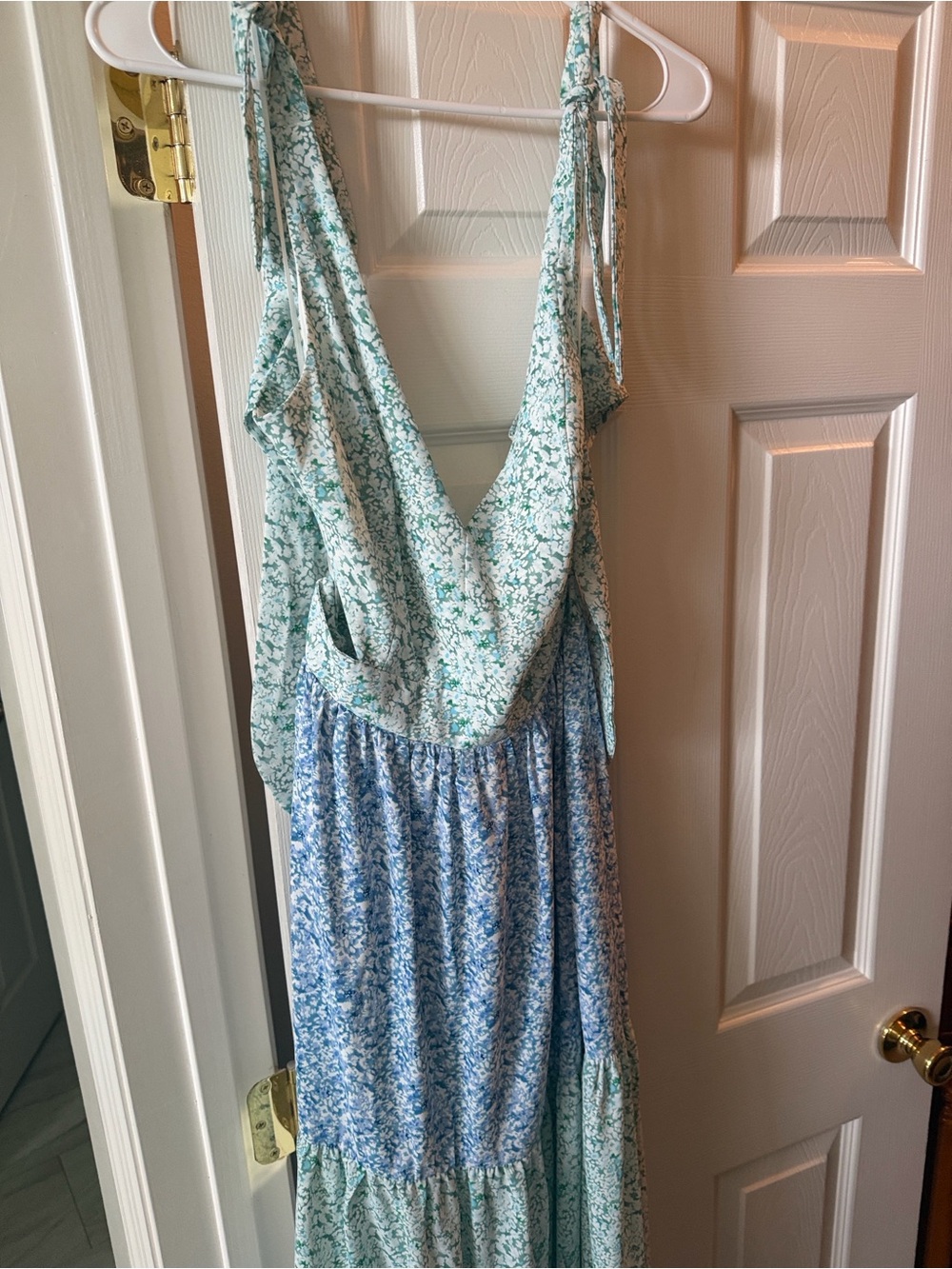 Bella and Bloom Life in Color Green and Blue Floral V-Neck Tiered Maxi Dress